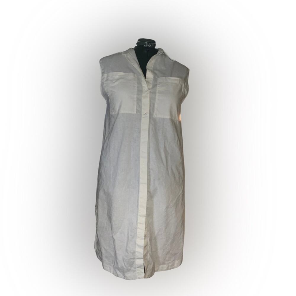 H&M Linen Blend Sleeveless Shirtdress Tunic White Size M Pockets EUC